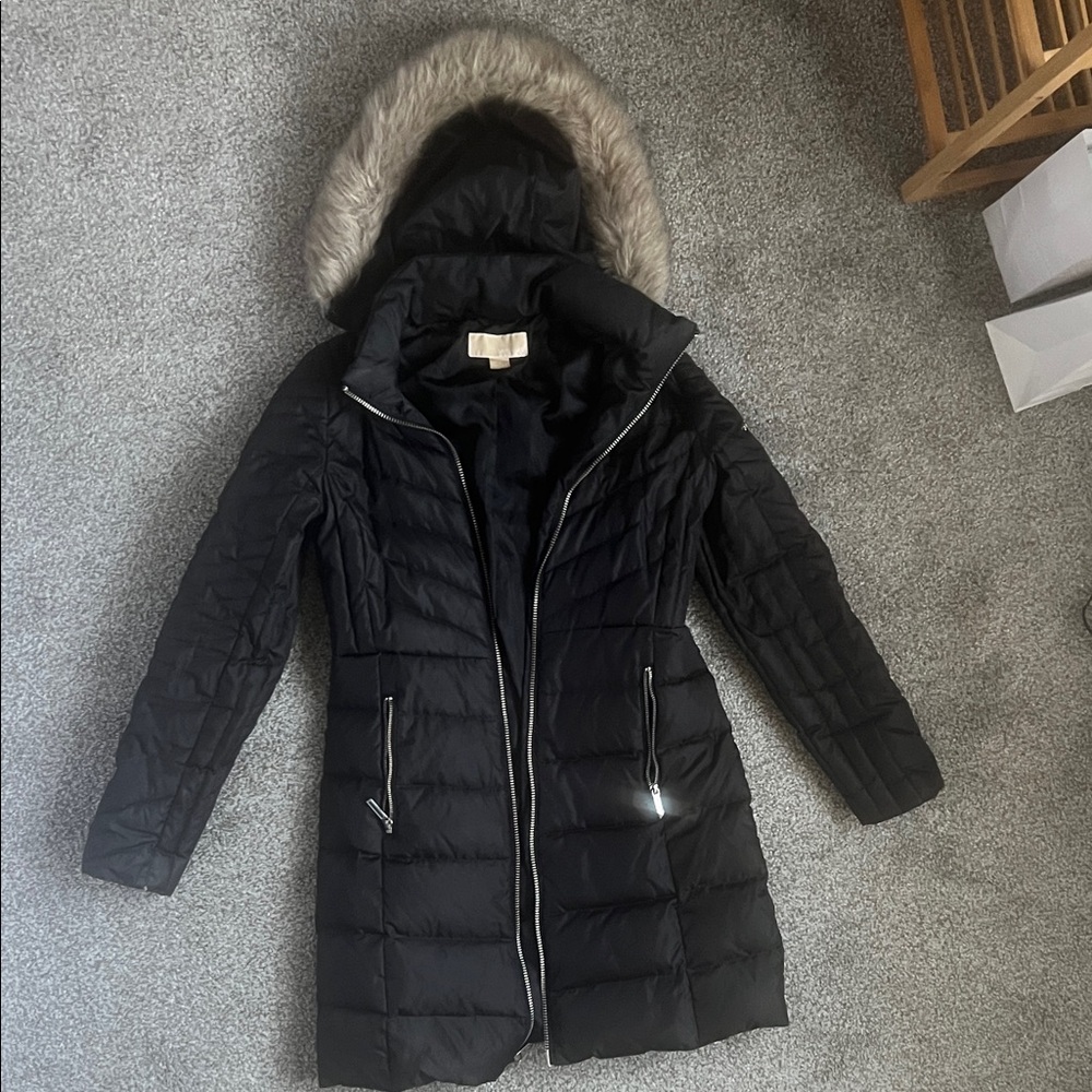 Michael Kors Hooded Down Puffer Coat + Faux Fur Trim
